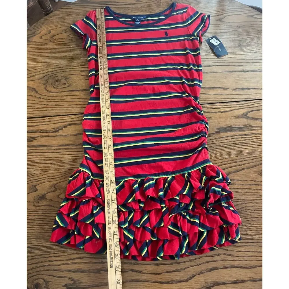 NWT Polo Ralph Lauren Red Blue Stripped Ruffle Party Dress-Size Large